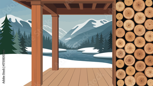 View of snowy mountains and river from a wooden porch with stacked logs on the right side of image