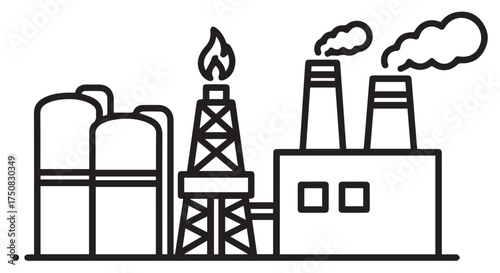 Industrial factory with smokestacks and a drilling rig isolated on transparent background