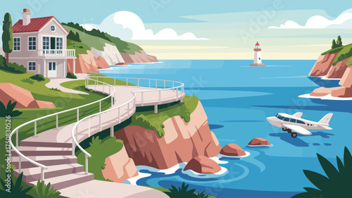 A coastal scene with a house overlooking the ocean and a plane landing near a lighthouse in the distance