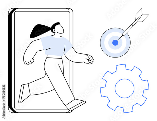 Woman walking out of digital tablet, arrow hitting target, gear icon. Ideal for technology, innovation, goals, achievement, strategy progress entrepreneurship. Minimalist concept simple flat
