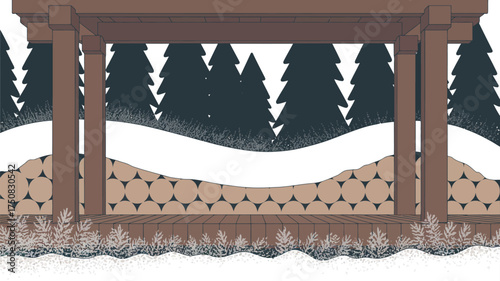 A winter scene with a wooden structure snow covered ground and trees in the background view from inside