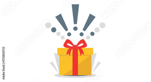 Bright yellow gift box with a red ribbon and festive exploding elements isolated on transparent background