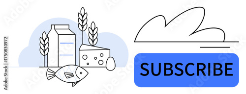Milk carton, cheese wedge, fish, egg, wheat stalks next to Subscribe button. Ideal for healthy eating, meal plans, food delivery digital subscriptions cooking nutrition grocery. Clean flat