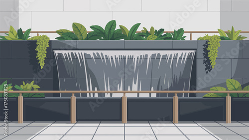 Indoor waterfall feature with plants and a railing on a tiled floor in a modern aesthetic
