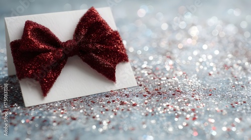 A vibrant red glitter bow adorns a white card set against a softly blurred background of sparkling festive glitter