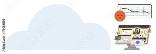 Large cloud with inset showing a computer, a person transferring money, a sad face with a declining graph. Ideal for technology, cloud computing, analytics, data security, financial loss, online