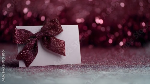 An elegant blank invitation card is decorated with a luxurious glittery burgundy bow placed on a festive surface with a shimmering bokeh filled