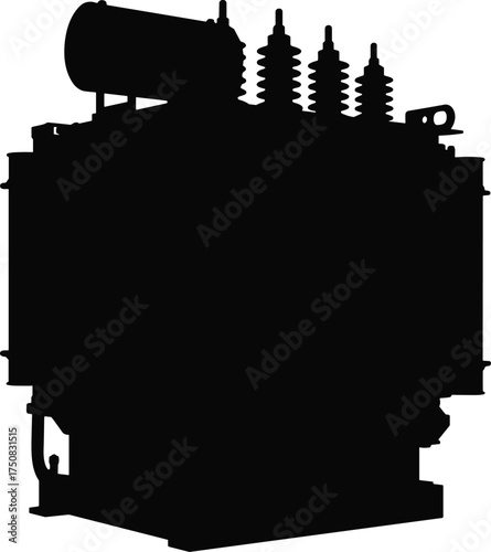Silhouette of high voltage electrical power transformer with bushings, conservator tank, radiators, industrial substation equipment, energy distribution system illustration
