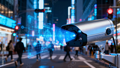 Wallpaper Mural Modern surveillance camera analyzing urban pedestrian movement with advanced ai technology in a vibrant city at night Torontodigital.ca