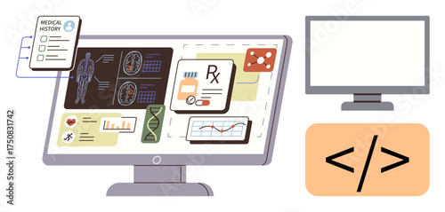 Computer displaying medical data, charts, records, DNA reports, prescription, and health analysis. Ideal for healthcare tech, telemedicine, AI medical coding research diagnostics and simple flat