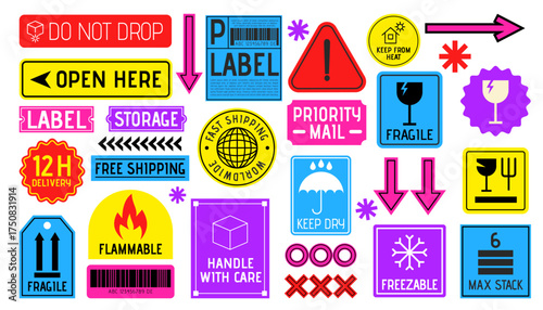 Barcode shipping stickers. Industrial warehouse labels. Packaging logistic tags for box. Ecommerce patches. Online shopping. Transportation symbols. Parcel delivery badges. Vector garish elements set