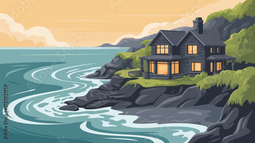 A house on a rocky cliff overlooking the ocean with waves crashing against the shore at sunset time