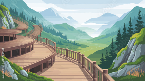 Winding wooden path with railing through a mountainous landscape with green trees and distant mountains