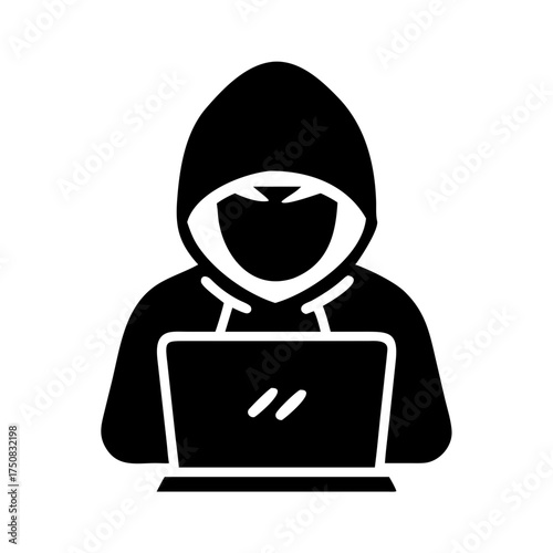 Silhouette of a hooded hacker working on a laptop with a mysterious expression
