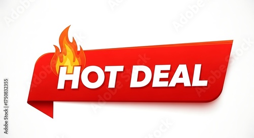 Red banner with text hot deal and fire icon isolated on white background