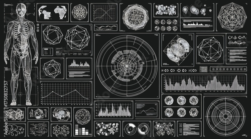 Vector art of futuristic hud interface with human body scan, data visualization, and digital elements in black and white, ideal for science fiction, technology, and medical themed projects