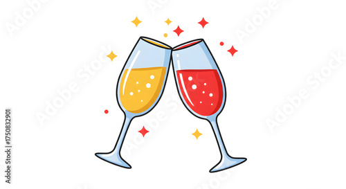 Wallpaper Mural Two champagne glasses toasting with yellow and red bubbly drinks, surrounded by colorful sparkling stars. Torontodigital.ca