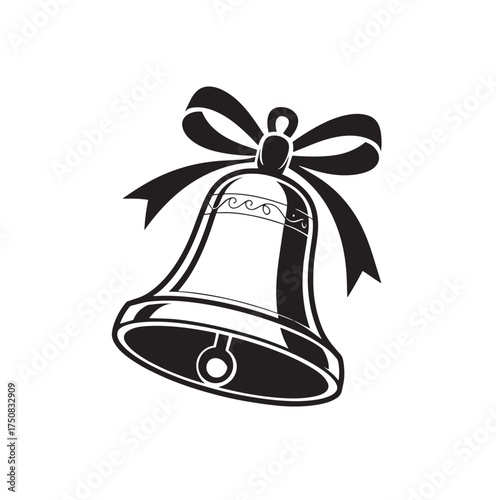 Elegant Bell with Ribbon Silhouette – Festive Christmas Decoration Icon in Black and White Vector Design