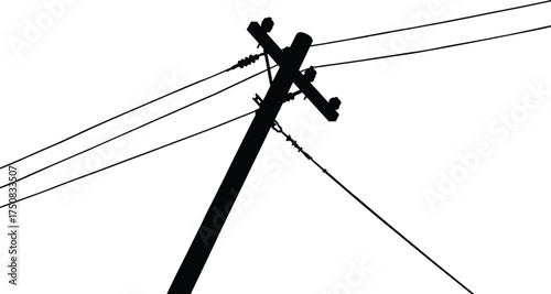 Silhouette of utility pole with multiple power lines, electrical distribution structure, urban infrastructure, energy transmission, industrial design, minimalist vector illustration