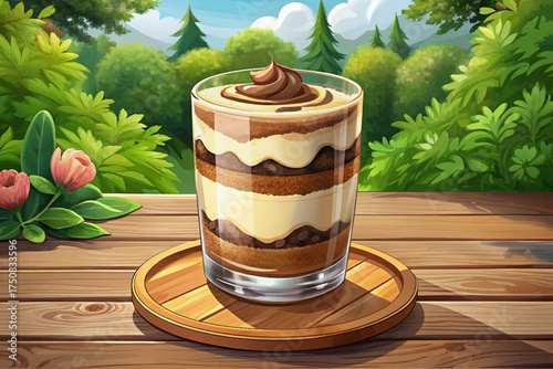 Italian tiramisu dessert with cocoa powder, mascarpone cream, and coffee flavor, served in a glass classic European sweet treat.