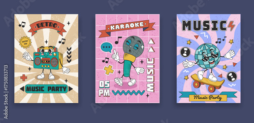Retro music poster. Cassette tape icon. Cartoon mascot singing in karaoke. Trendy vintage banners set. Funky school of 80s. Nostalgic party with good vibes. Musical concert. Vector funny tidy symbols