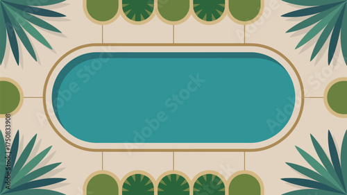 A top down view of an oval pool surrounded by plants and tiles in a stylized flat illustration