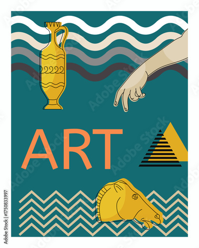 Art poster. Ancient vase and statue. Doodle geometric shape. Curve simple form. Antique sculpture. Horse head. Woman hand. Contemporary collage. Museum exhibition. Vector creative minimalistic banner