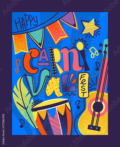 Carnival poster. Party invitation. Guitar and drums. Happy festival card. Brazilian music masquerade, abstract background. Tropical holiday flyer. Vector cartoon flat style isolated illustration