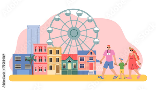Amusement park. City building landscape. Family leisure time. Ferris wheel and happy visitors. Architectural minimal panorama, skyscraper composition. Vector cartoon flat style isolated illustration
