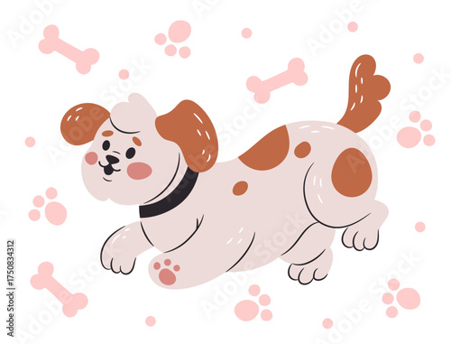 Happy dog. Cute pet doodle style drawing. Pawprints and bones on background. Veterinary and grooming for adorable purebred animals. Nursery print. Vector cartoon flat style isolated illustration