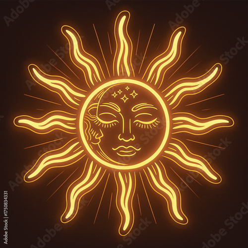 Celestial Sun and Crescent Moon Face Vector Art. Mystical, boho, and occult illustration with a glowing neon outline effect on a dark background., Adobe Illustrator Artwork