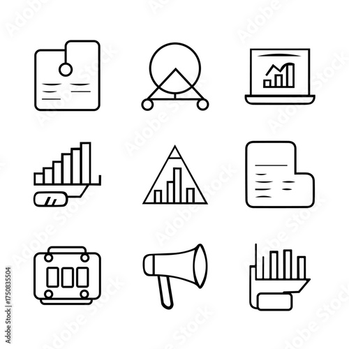 A vector silhouette of a bold single line icon set based on business and official elements. Electronics and technology icons set. Teacher Tools Icons. Outline icon set of teacher tools. 