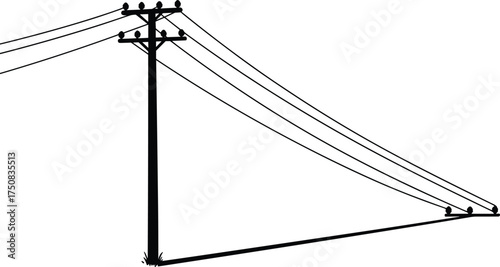 Silhouette of utility pole with power lines, electricity distribution structure, rural energy infrastructure, electrical grid connection, outdoor industrial landscape illustration