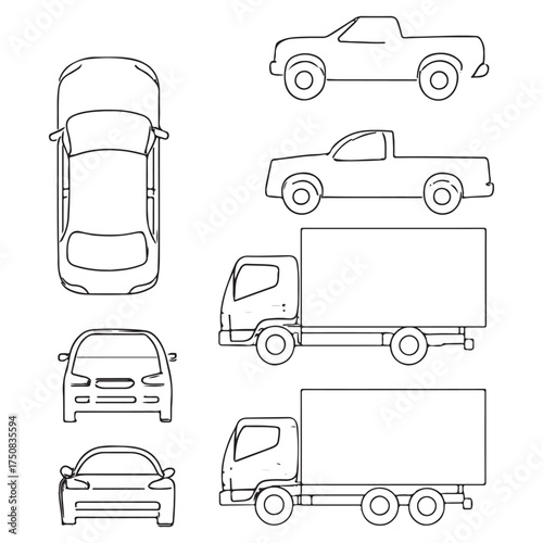 Set of outline vector car, bike, truck vehicles. Top and side view. Vector illustration