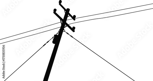 Silhouette of utility pole with power lines, insulators, and guy wires in high contrast vector illustration for energy infrastructure design