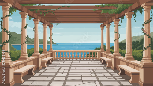 A pergola overlooking the ocean with benches and vines climbing up the pillars and a stone tiled floor