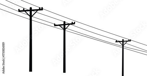 Silhouette of utility poles and power lines perspective in minimalist black and white vector illustration for electricity, energy, infrastructure, design