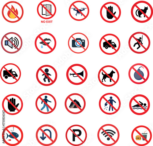 Universal Prohibition and Restriction Safety Signs Icon Set - Public Rules and Facility Symbols