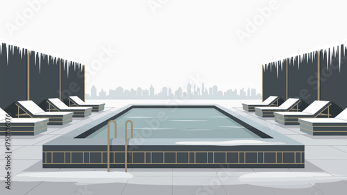 A stylized rooftop pool scene with lounge chairs and a city skyline in the background on a winter day