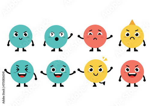 Abstract characters. Geometric comic creature emotions. Funny face business team avatar with magnifier, light bulb and megafon, vector set
