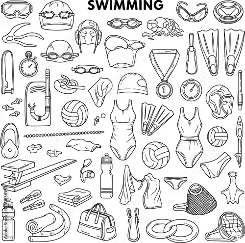 Swimming and Water Sports Equipment Doodle Set. Hand-drawn Outline Collection of Aquatic Gear, Swimwear, and Accessories.