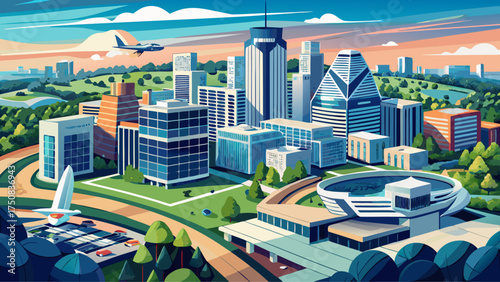 
Very beautiful aerial drone view showing modern buildings and skyline of Tysons Corner, Fairfax County, Virginia, with clear sky and elegant contemporary architecture blending with nature