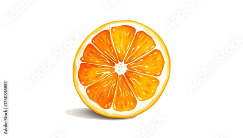 Highly detailed digital watercolor artwork of an orange slice showing true pigment granulation, soft bleed edges, and natural light. Perfect for print or organic food packaging