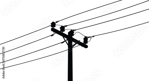 Silhouette vector illustration of utility pole with electrical power lines, insulators, and infrastructure design for energy distribution and urban landscape