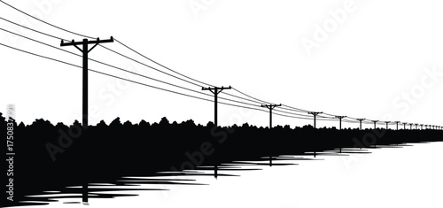 "Silhouette utility poles with power lines reflection in water, rural landscape symmetry, forest horizon, minimalist black white vector illustration"