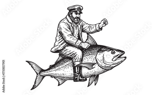 bearded sea captain or sailor riding a giant tuna fish