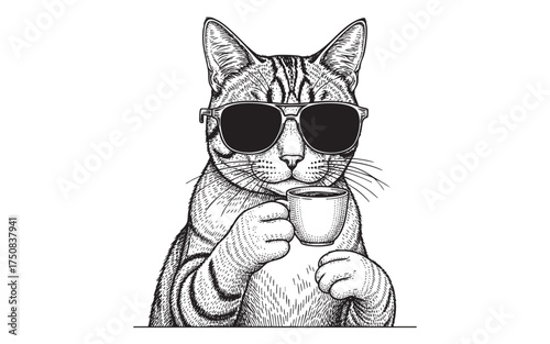 cool tabby cat wearing sunglasses and holding a small cup of coffee or espresso