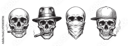 human skulls depicted wearing different hats and accessories, including a cigar and bandana