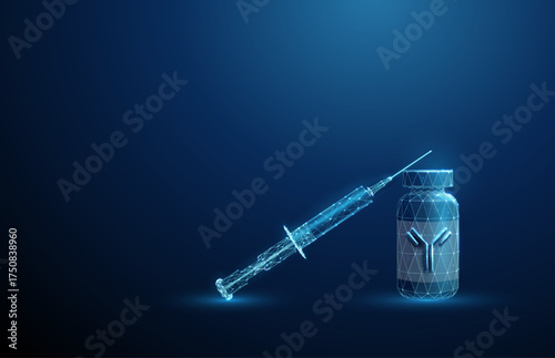 Syringe placed on a medicine vial with antibody. Vaccination, antibody-based therapy, passive immunity, viral protection, biotechnology medicine concept Low poly digital style.