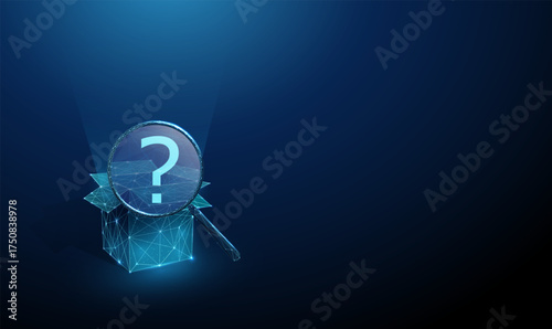 3d blue open box under a magnifying glass with a question mark inside. Exploration, idea discovery, analysis, unknown content, experimental approach concept.